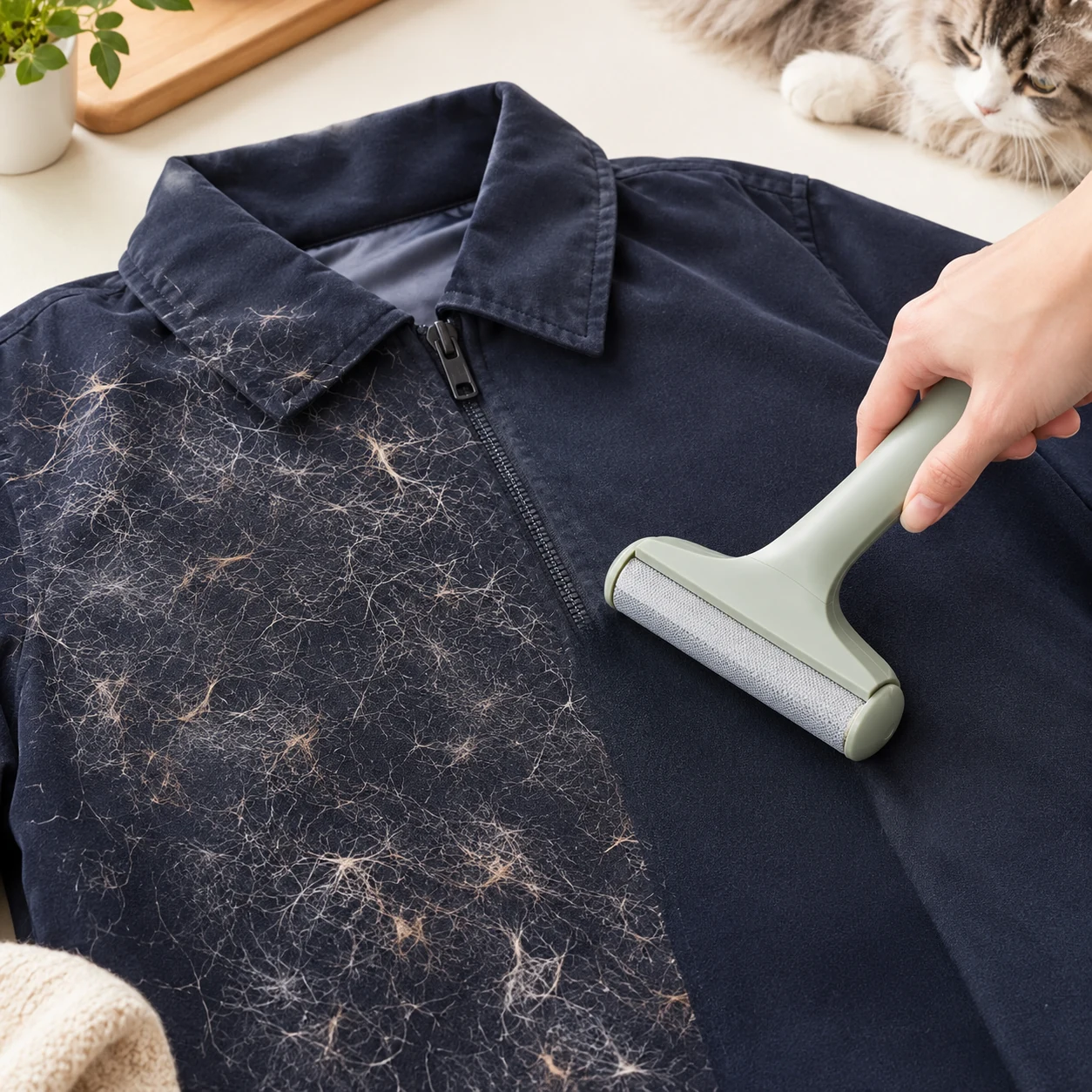 Demonstrasi pet hair remover pada pakaian
