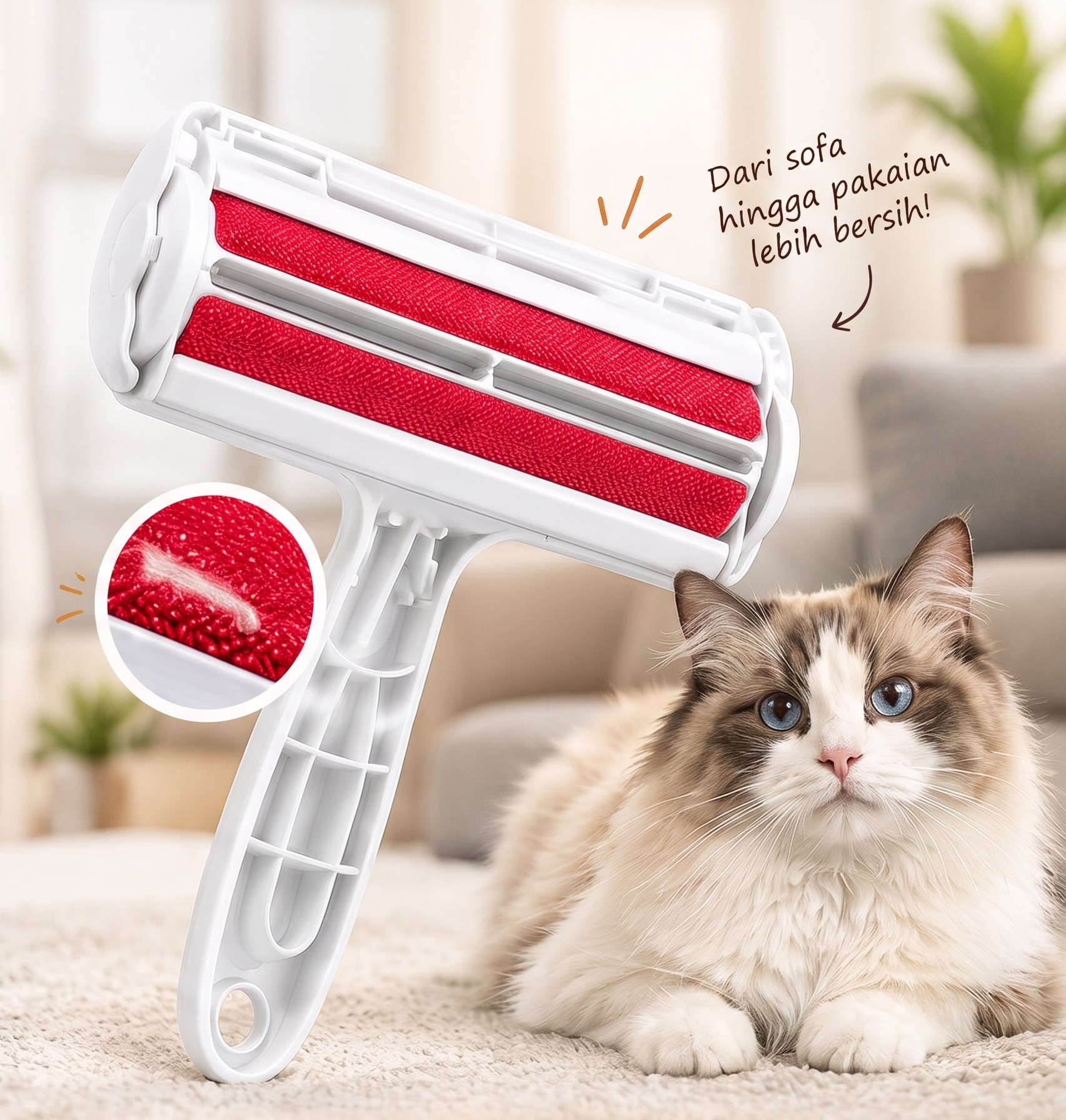 FurEase Pet Hair Remover di sofa dengan kucing